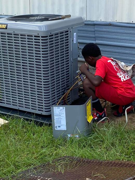 AC condenser install in progress — Jefferson's AC & Electrical, Tylertown, MS
